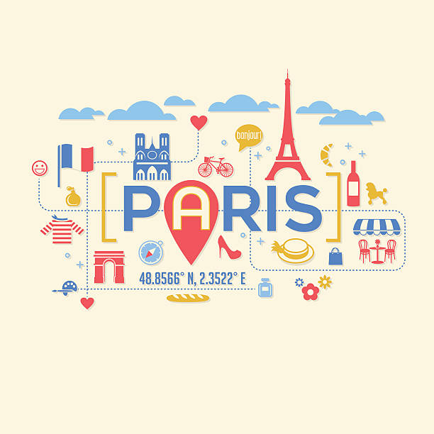 ilustrações de stock, clip art, desenhos animados e ícones de paris france icons and typography design for cards, t-shirts, posters. - paris france arc de triomphe france french culture