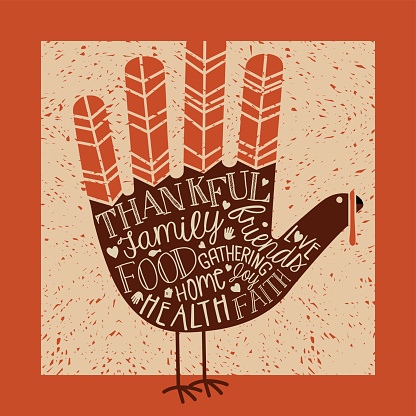thanksgiving card design with theme messages and cute hand print turkey