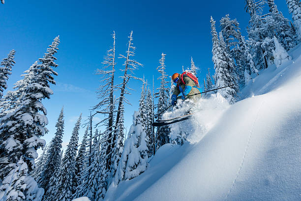 skifahren im pulverschnee  - skiing powder snow flash snow stock-fotos und bilder