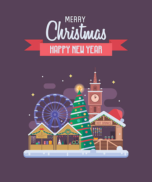 silvester und weihnachten grußkarte - weihnachtsmarkt stock-grafiken, -clipart, -cartoons und -symbole