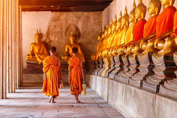 due novizi che camminano tornano e parlano nel vecchio tempio - novice buddhist monk foto e immagini stock