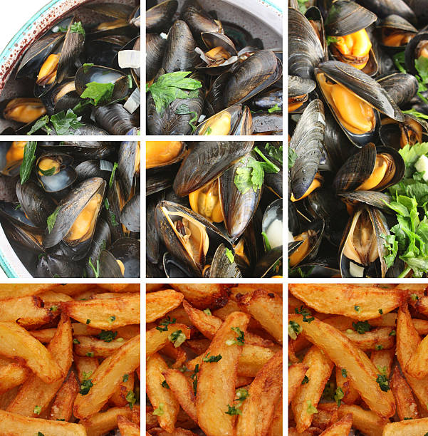 Fried marine mussels Fried mussels - Mussel casserole  moules frites stock pictures, royalty-free photos & images