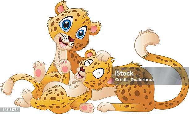 Happy Adult Cheetah With Cub Cheetah Stock Illustration - Download Image Now - Animal, Cartoon, Characters