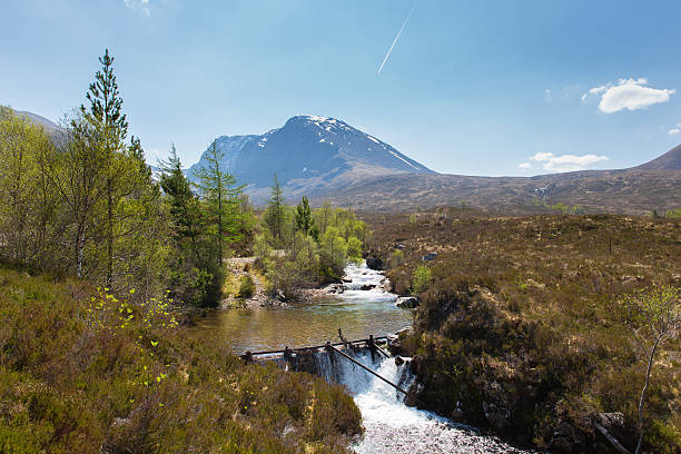Ben Nevis Scotland UK mountain stream Scottish Highlands Ben Nevis Scotland UK with mountain stream in foreground snow topped mountains in the Grampians Lochaber Highlands in summer lochaber stock pictures, royalty-free photos & images