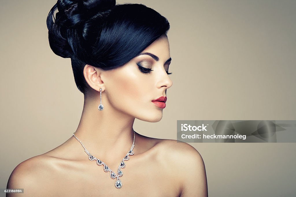 Fashion portrait of young beautiful woman with jewelry Fashion portrait of young beautiful woman with jewelry. Brunette girl. Perfect make-up.  Beauty style woman with diamond accessories Jewelry Stock Photo