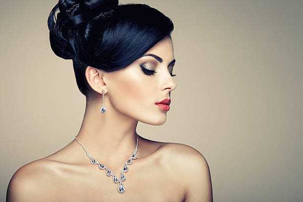Kobieta ubrana w diamentowy naszyjnik i kolczyki, prezentująca opcje wyboru eleganckiej biżuterii.