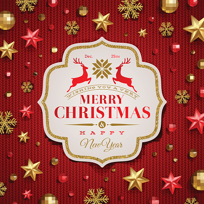 Christmas greeting - Frame with type design and Christmas decoration on a knitting red background