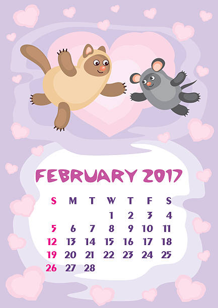 2017년 2월 캘린더 - calendar wall valentines day cute stock illustrations