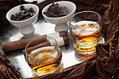 Tray With Rum Or Whisky, Cuban Cigar, Chocolate, Coffee Beans