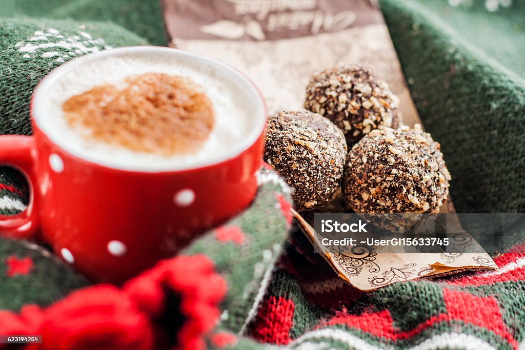 cakes truffles and a cup of coffee wrapped scarf cakes truffles and a cup of coffee wrapped scarf. Baked Pastry Item Stock Photo