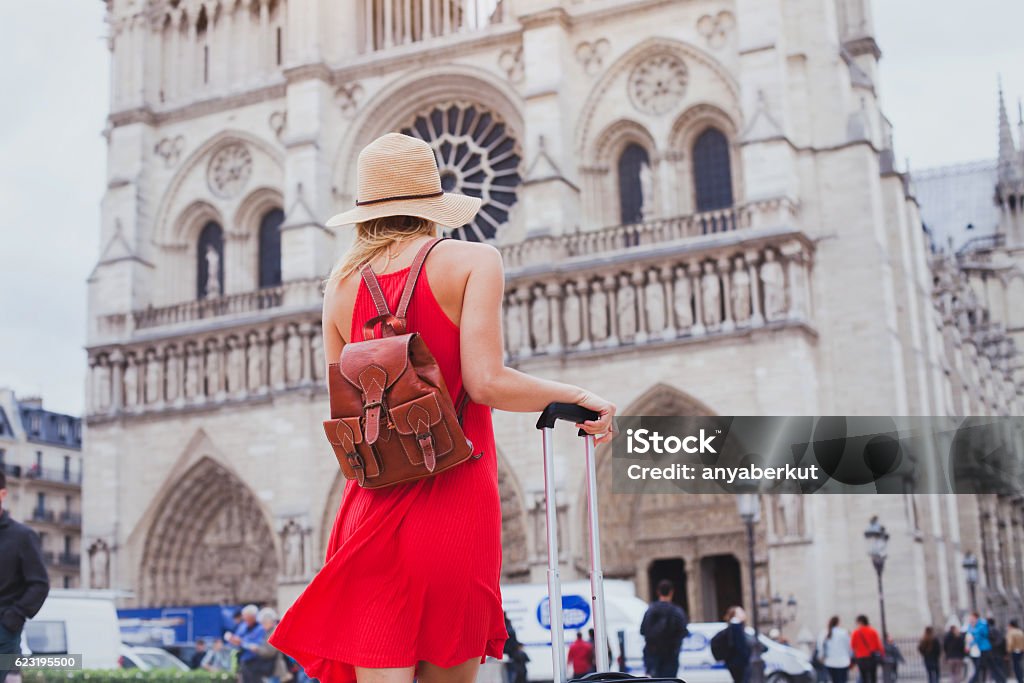 travel in Europe, tourist looking at Notre Dame in Paris travel in Europe, gothic architecture of catholic church, tourist looking at Notre Dame cathedral in Paris, France Paris - France Stock Photo