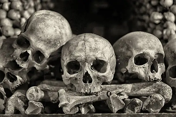 Ancient human skull and bone decorations in Sedlec, Czech republic.