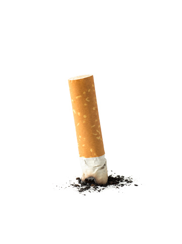 Cigarette butt with ash , clipping path