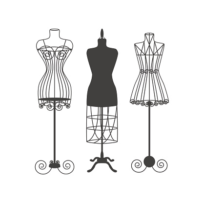 Vintage Mannequin or Dummies Black Silhouette For Sewing Women Fashion Clothes Flat Design Style. Vector illustration