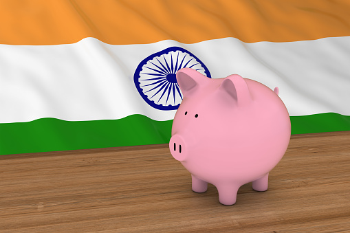 India Finance Concept - Piggybank in front of Indian Flag 3D Illustration