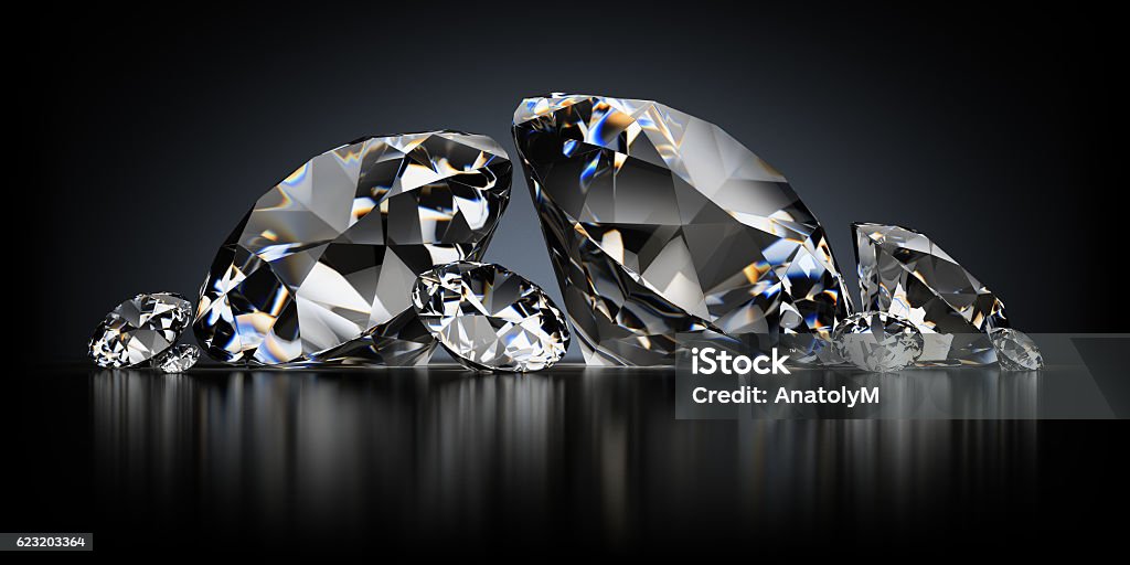 Diamonds on a Black Background 3d image. Diamonds on a black reflective background. Diamond - Gemstone Stock Photo