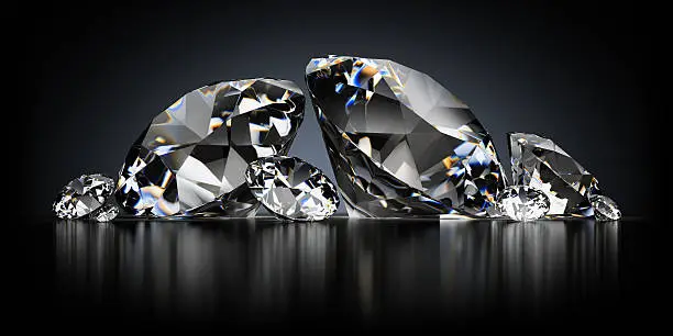 3d image. Diamonds on a black reflective background.