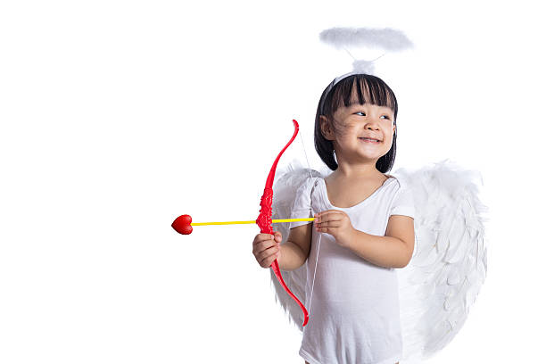Asian Chinese little cupid with bow and arrow in isolated white background.