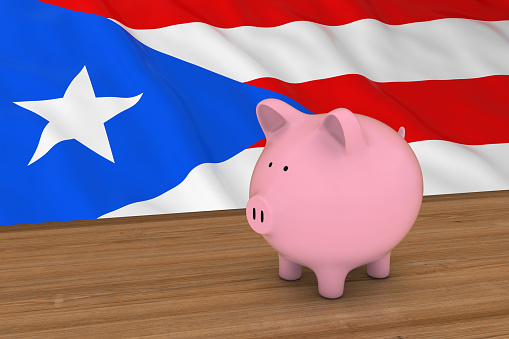 Puerto Rico Finance Concept - Piggybank in front of Puerto Rican Flag 3D Illustration