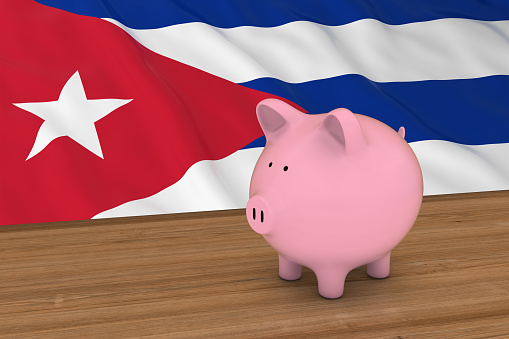 Cuba Finance Concept - Piggybank in front of Cuban Flag 3D Illustration