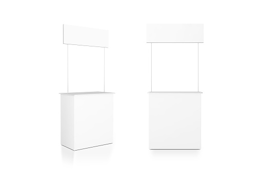 Soporte de maqueta de mostrador promocional blanco en blanco, vista frontal y lateral photo