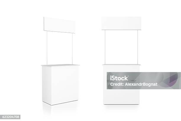 Blank White Promo Counter Mockup Stand Front And Side View Stock Photo - Download Image Now