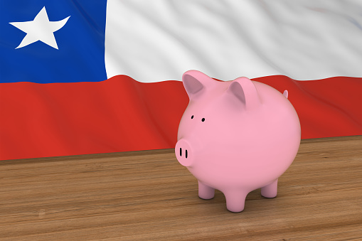 Chile Finance Concept - Piggybank in front of Chilean Flag 3D Illustration