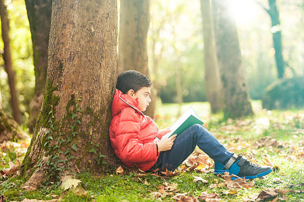 istock Little boy reading a book outdoors 623204878
