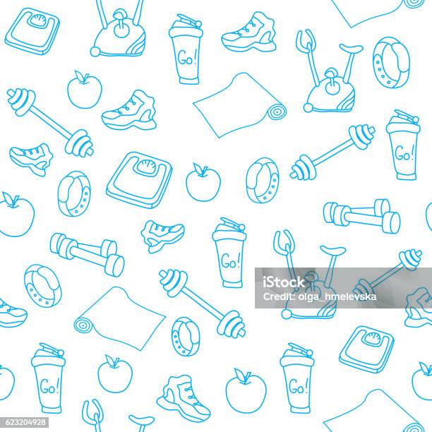 Fitness Seamless Pattern Stock Illustration - Download Image Now - Healthy Lifestyle, Doodle, Exercising