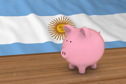 Argentina Finance Concept - Piggybank in front of Argentinian Flag 3D Illustration