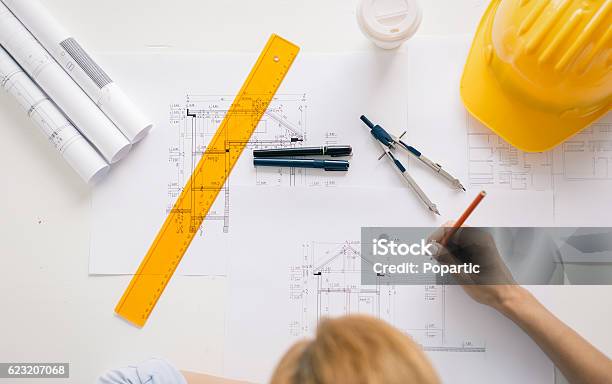 Construction Engineer Drawing Project Stock Photo - Download Image Now - Architecture, Architect, Plan - Document