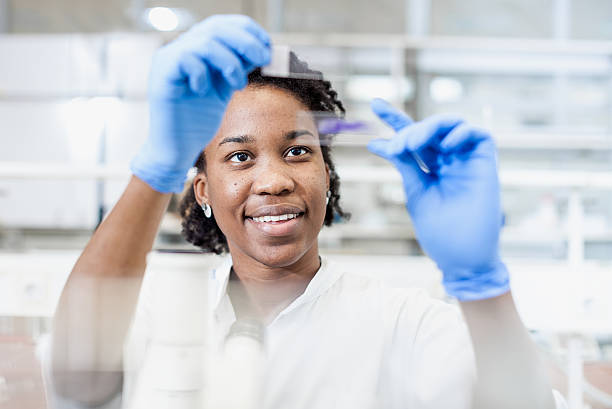 scientist looking at a microscope slide - laboratory pharmacy medicine research imagens e fotografias de stock