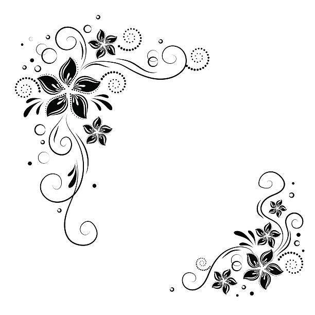 ilustraciones, imágenes clip art, dibujos animados e iconos de stock de diseño floral de esquinas. ornamento flores negras sobre fondo blanco - - marcos florales