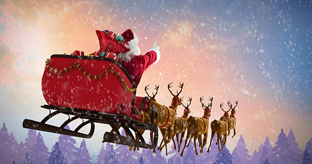 istock Santa Claus riding on sleigh with gift box 623209206