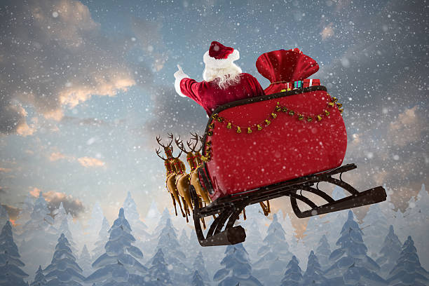 Santa Claus riding on sled with gift box