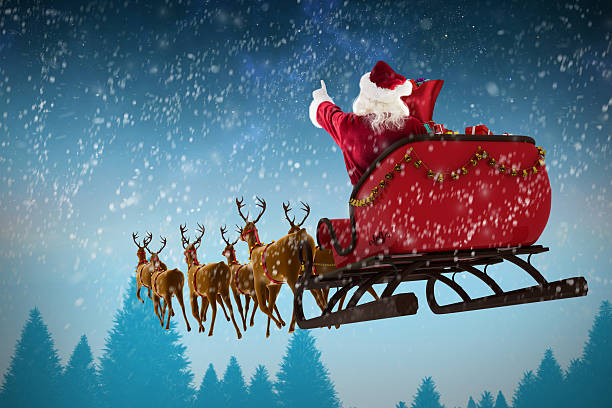 weihnachtsmann fährt zu weihnachten auf dem schlitten - landschaftspanorama grafiken stock-fotos und bilder