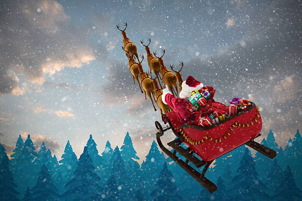 istock High angle view of Santa Claus riding on sled 623209310