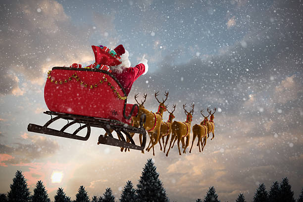 Santa Claus riding on sleigh with gift box Santa Claus riding on sleigh with gift box against snow falling on fir tree forest fir tree photos stock pictures, royalty-free photos & images