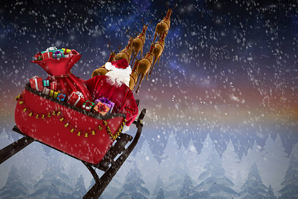 istock High angle view of Santa Claus riding on sled 623209392