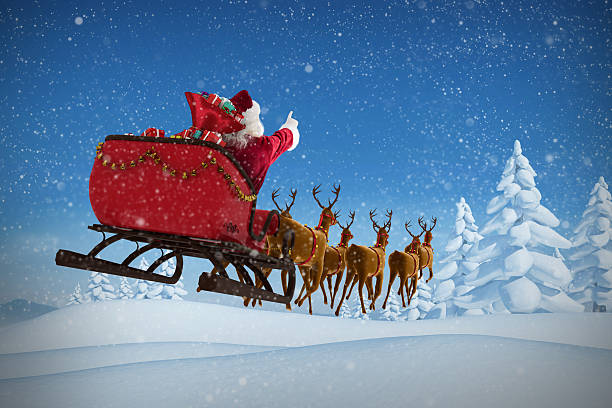 santa claus riding on sleigh against snowy landscape - caucasian three dimensional shape men sky imagens e fotografias de stock