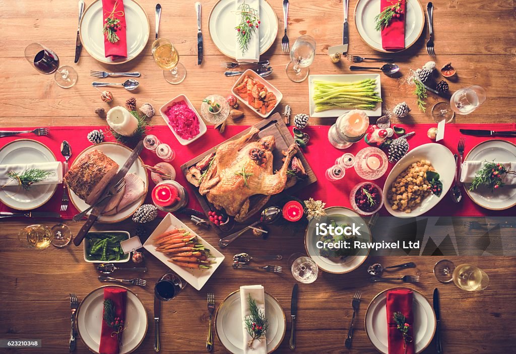 Vista aérea de la fiesta de Navidad sobre la mesa - Foto de stock de Navidad libre de derechos