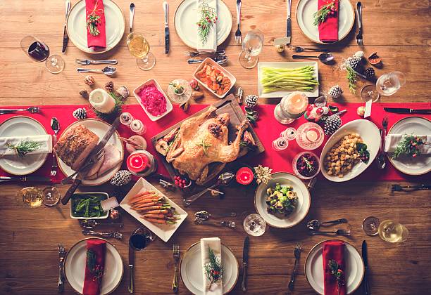 istock Aerial view of christmas feast on the table 623210348