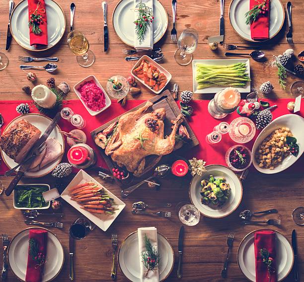 istock Aerial view of christmas feast on the table 623210500