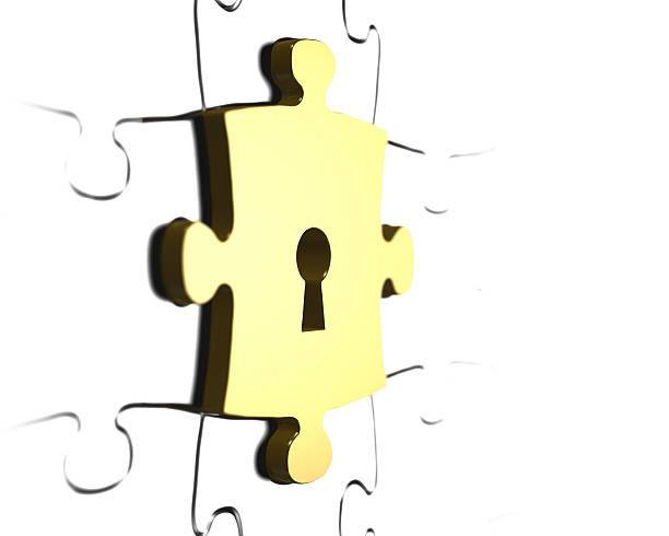 istock Golden puzzle piece with keyhole 3D rendering 623212964