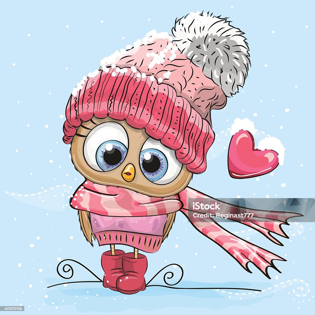 Cute Cartoon Owl Cute Cartoon Owl in a hat and scarf Animal stock vector