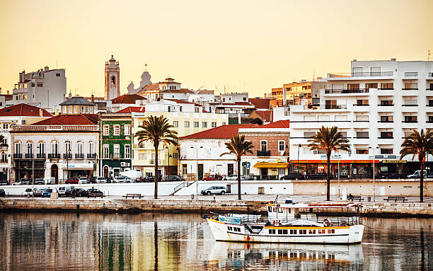 Portimao sunset, Algarve, Portugal. Riverside town in sunset light. faro district portugal photos stock pictures, royalty-free photos & images