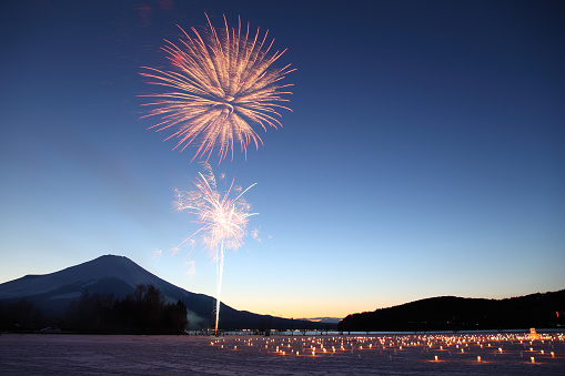 Ice Candle Illumination & fireworks during Yamanakako Diamond Fuji Weeks Festival in Yamanashi, JAPAN