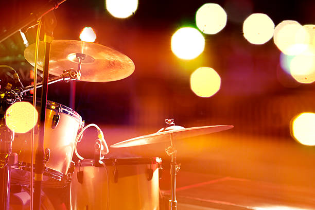 Drum on stage Live music background.Drum on stage and concert lights drum kit photos stock pictures, royalty-free photos & images