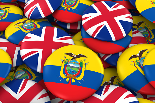 Ecuador and UK Badges Background - Pile of Ecuadorian and British Flag Buttons 3D Illustration
