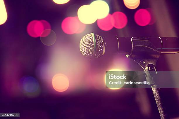 Microphone And Stage Lightsconcert And Music Concept Stock Photo - Download Image Now